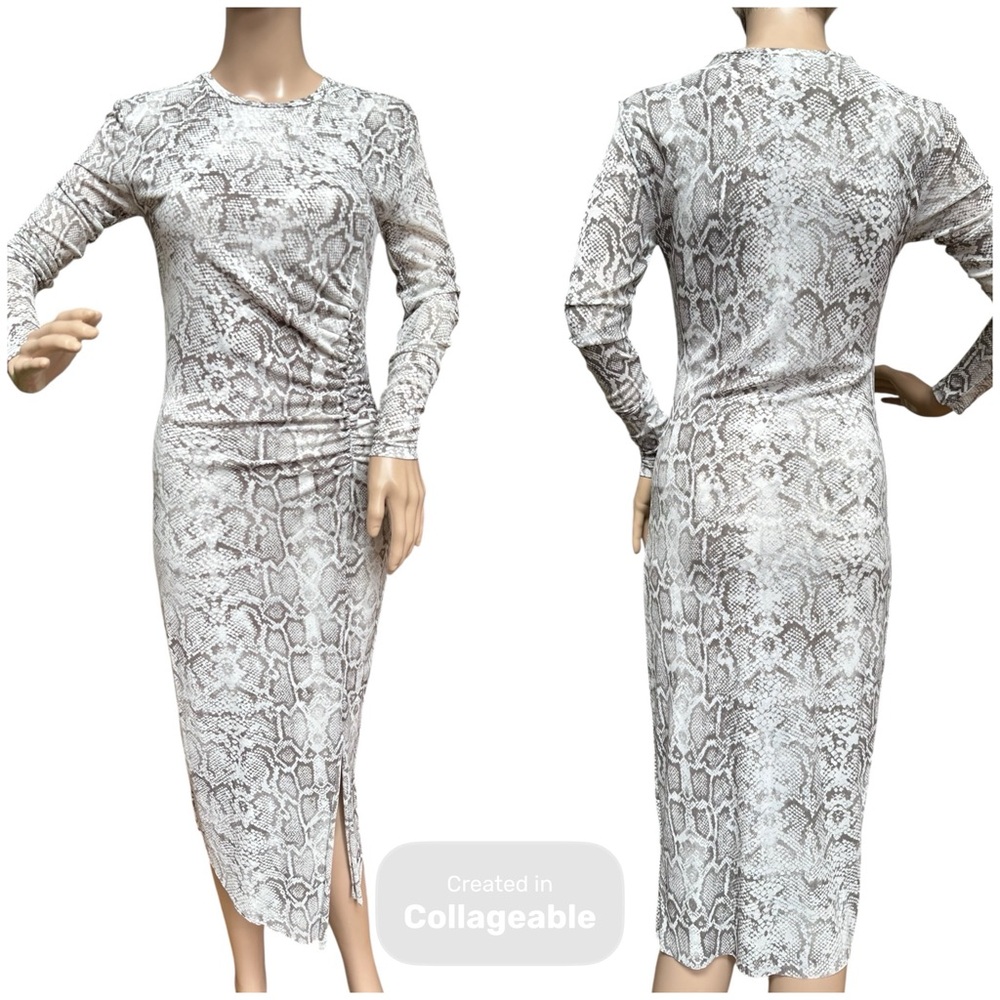 Leith Mesh Snake-Print Long Sleeve Midi Dress, NWOT, S